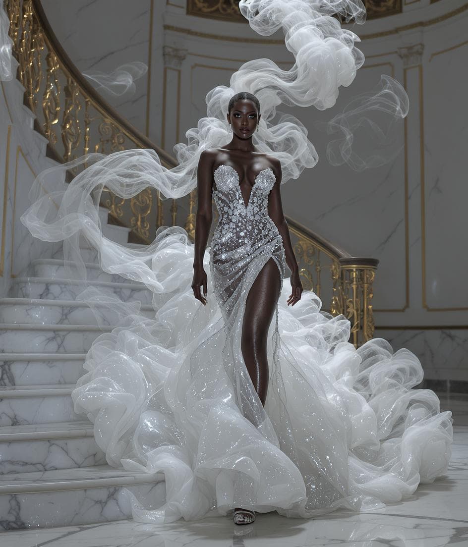 AI generated: Create a hyper-realistic image of an African American woman standing confidently at the top of a gra...