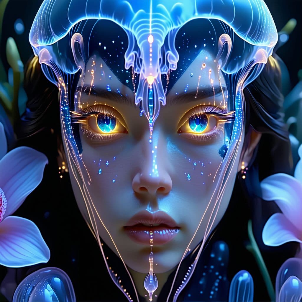AI generated: Goddess close-up portrait ribcagel. jellyfish phoenix head, nautilus, orchid, skull, betta fish, bio...