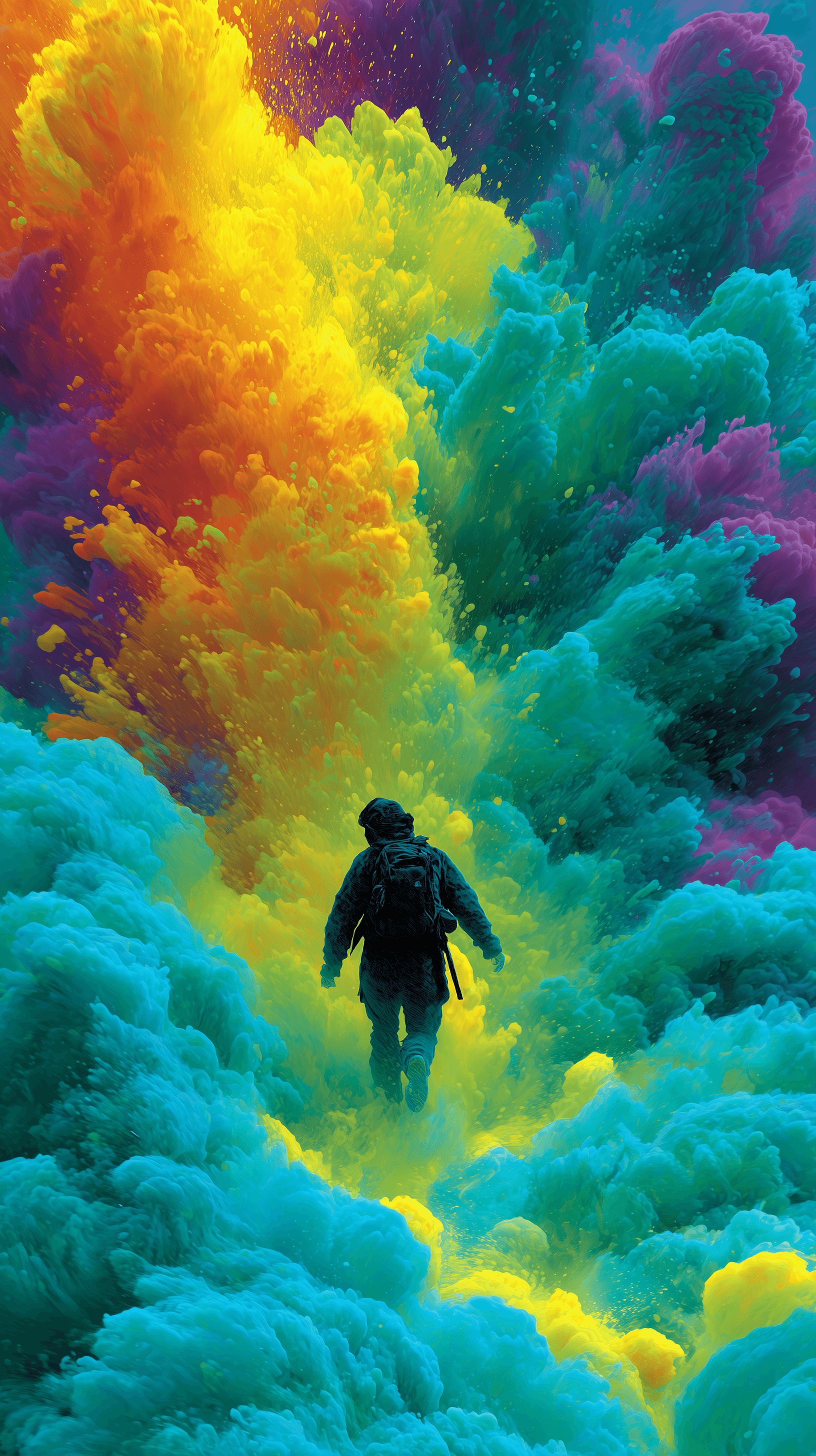 AI generated: abstract digital art piece, lone figure into an explosion of vibrant colors, neon colors of paint sw...