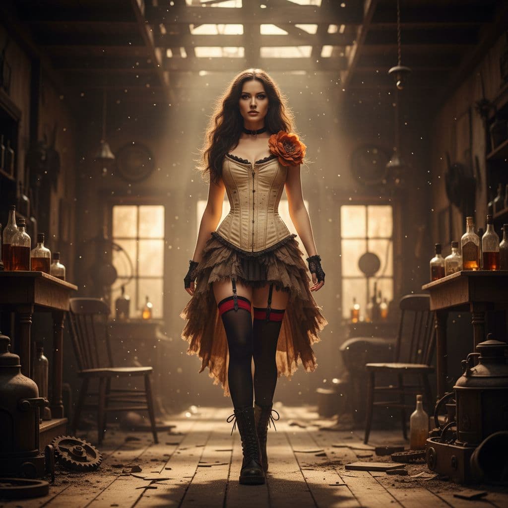 AI generated: A cinematic scene of a fierce, confident woman in a post-apocalyptic Western saloon setting, wearing...