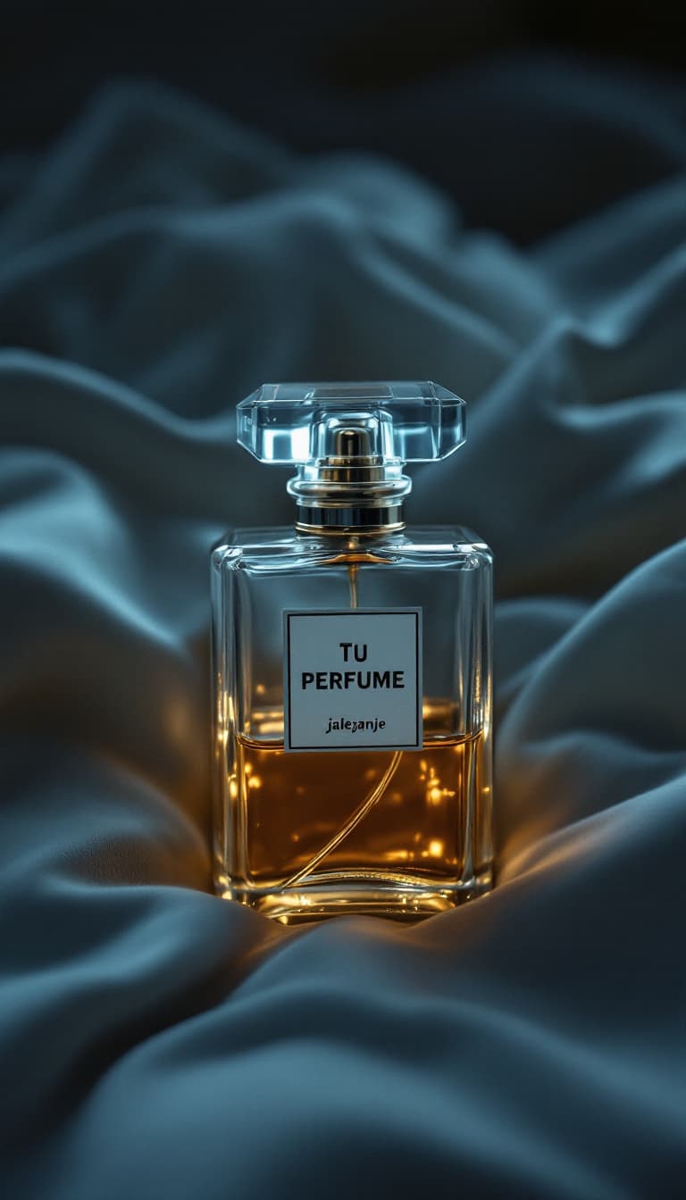 AI generated: Depressive sad perfume bottle, write "Tu Perfume" by Jalejanje eau de parfum, lying on bed hotel aft...