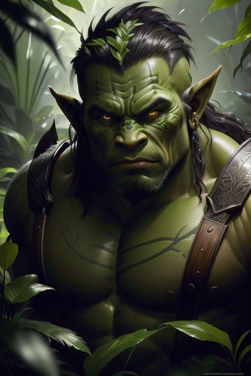 AI generated: (extremely detailed 8k wallpaper), a medium shot photo of a fearsome orc warrior in a lush jungle, I...