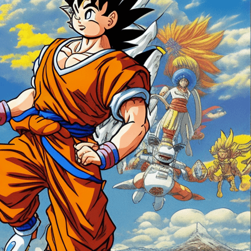 AI generated: Toriyama Akira's comic IP Goku, with white angel wings behind him and an angel ring on his head, wav...