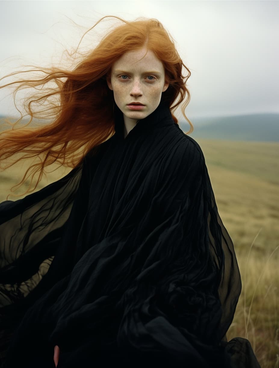 AI generated: a woman in a black dress standing in a field, in style of tim walker, long cloak, long ginger hair w...