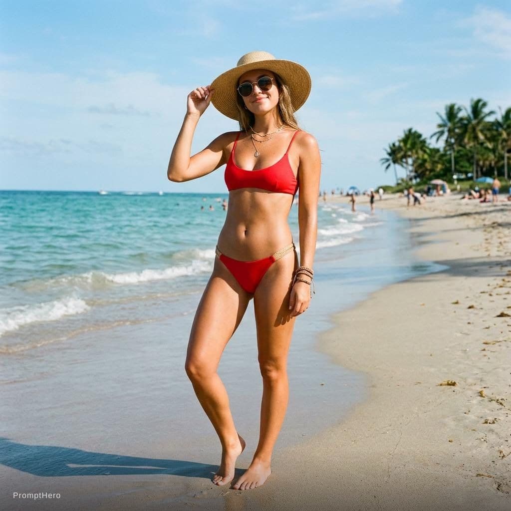 AI generated: a woman in a red bikini and a straw hat, red bikini, in a bikini, sling bikini, in bikini, cute biki...