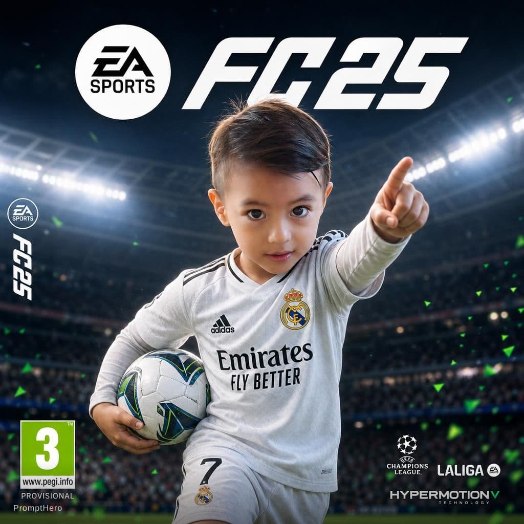 AI generated: convertir a la persona de la foto en el futbolista de la portada del videojuego