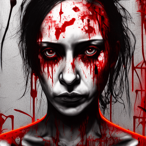AI generated: half body, An eerie close-up shot of a decomposing woman with straight black hair looking at the cam...