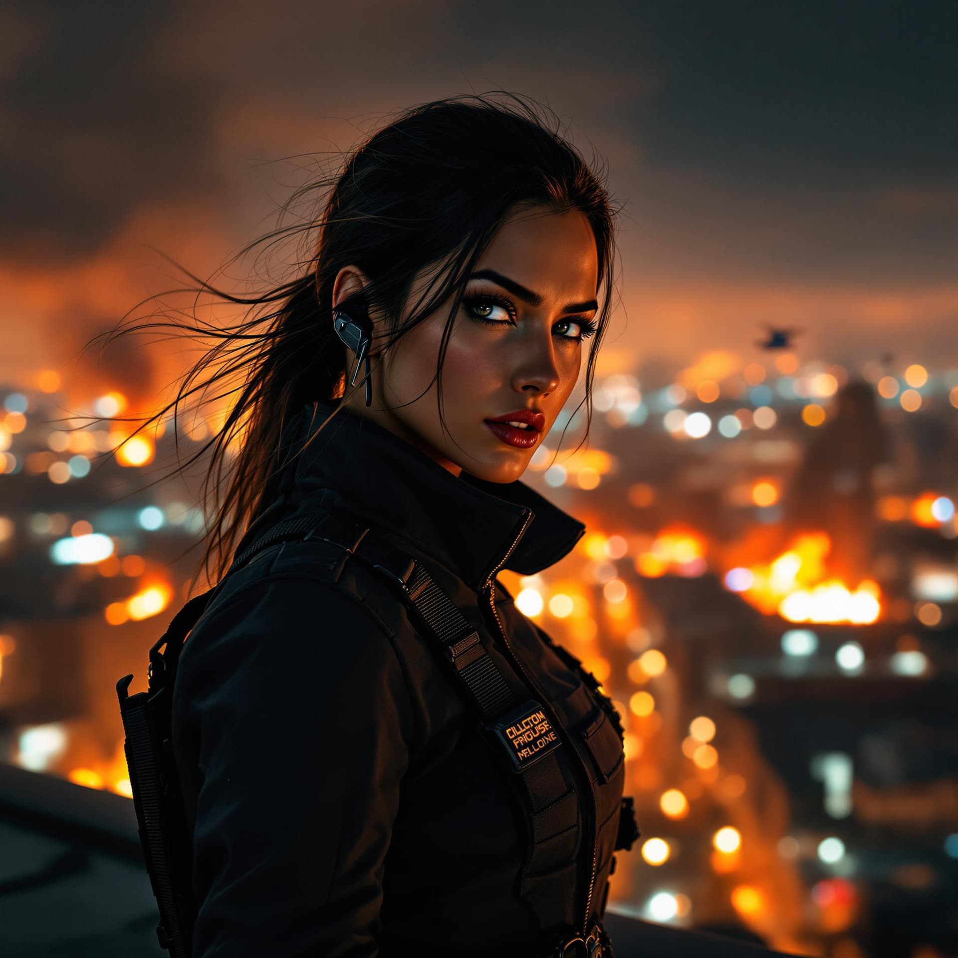 AI generated: A hyper-realistic Italian woman in her late 20s standing at the edge of a rooftop at night, overlook...