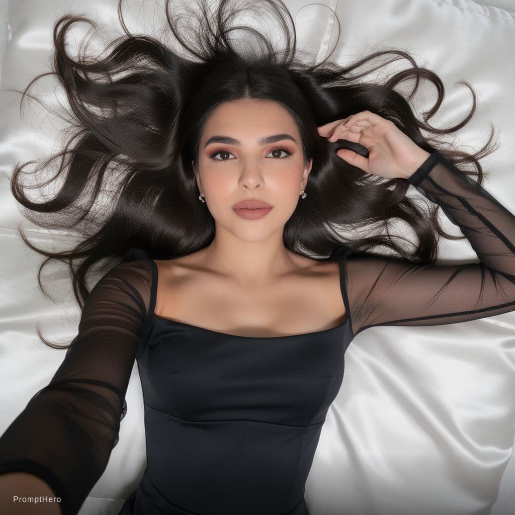 AI generated: Overhead third-person top-down view, beautiful young woman with long voluminous tousled hair messy  ...