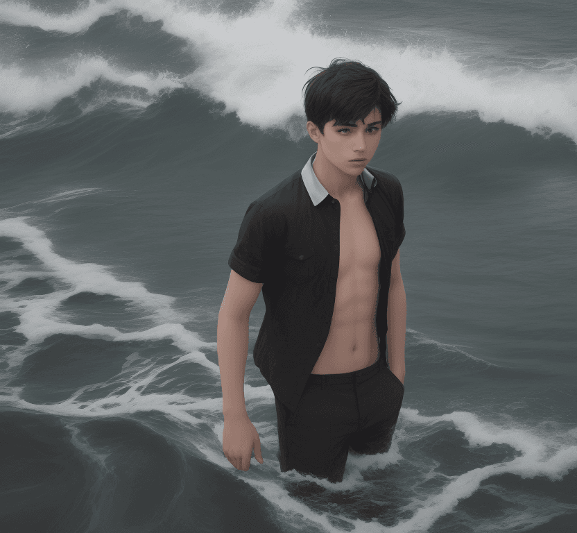 AI generated: A young men with dark short hair stands in a sea