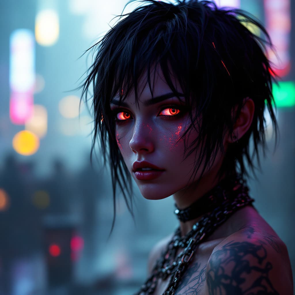 AI generated: A stunning close-up portrait of a mysterious cyberpunk warrior woman with glowing brown an grey eyes...