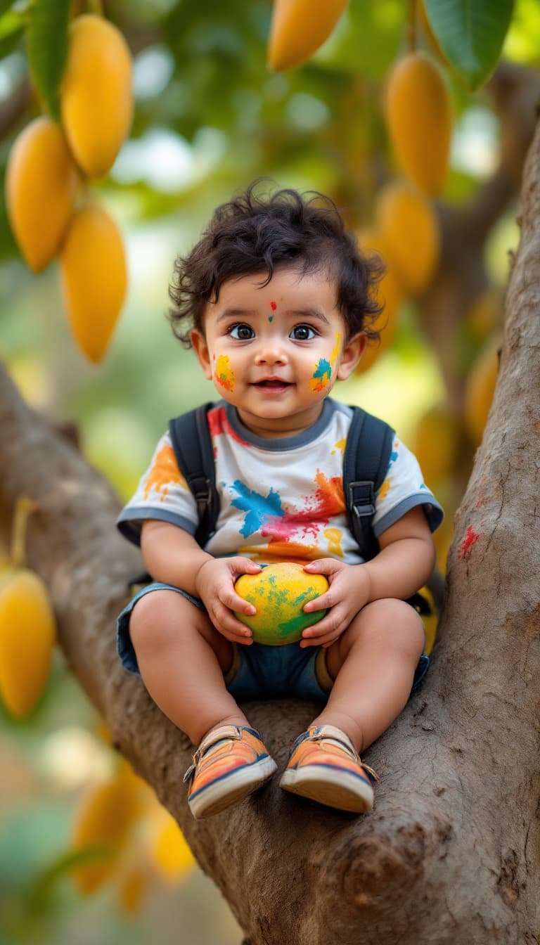AI generated: High resolution photography
Little baby, sitting on mango tree, wearing paint, shoes, and T-shirt
 m...