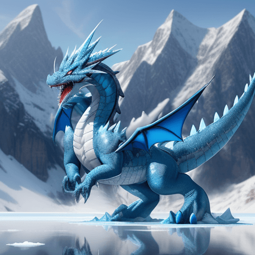 AI generated: blue dragon that spits ice, flying over a frozen lake, surrounded by snowy mountains.