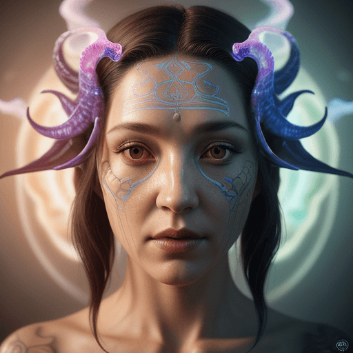 AI generated: Goddess close-up portrait ribcagel. jellyfish phoenix head, nautilus, orchid, skull, betta fish, bio...