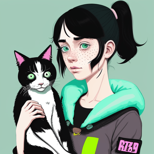AI generated: An illustration of a quirky girl with black hair, in the style of Flat shading, Gemma Correll, with ...