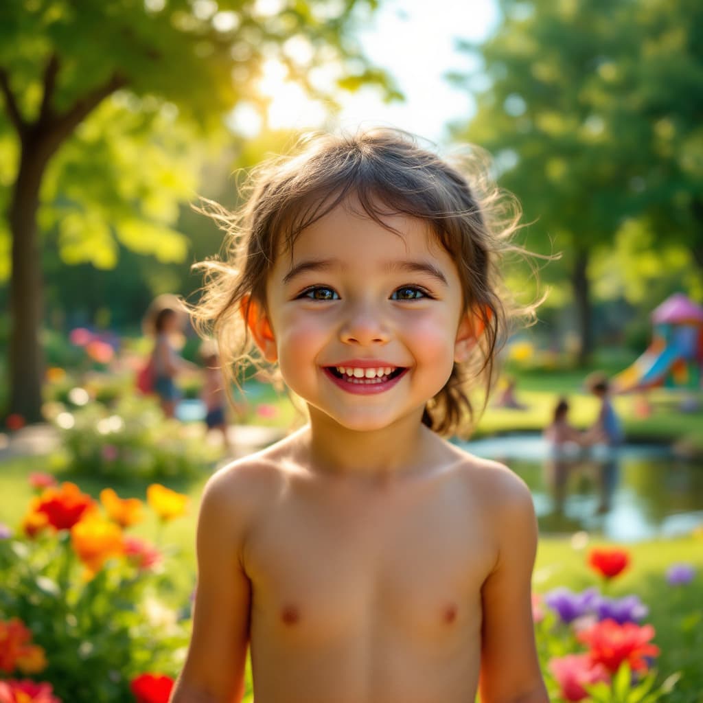AI generated: A cheerful very young precious girl fully unclothed, full shot, playing in a vibrant park, surrounde...