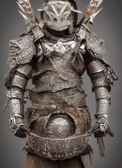 AI generated: full length photo of a warrior with an armour made of intricate turtle bones and metal plates, highl...