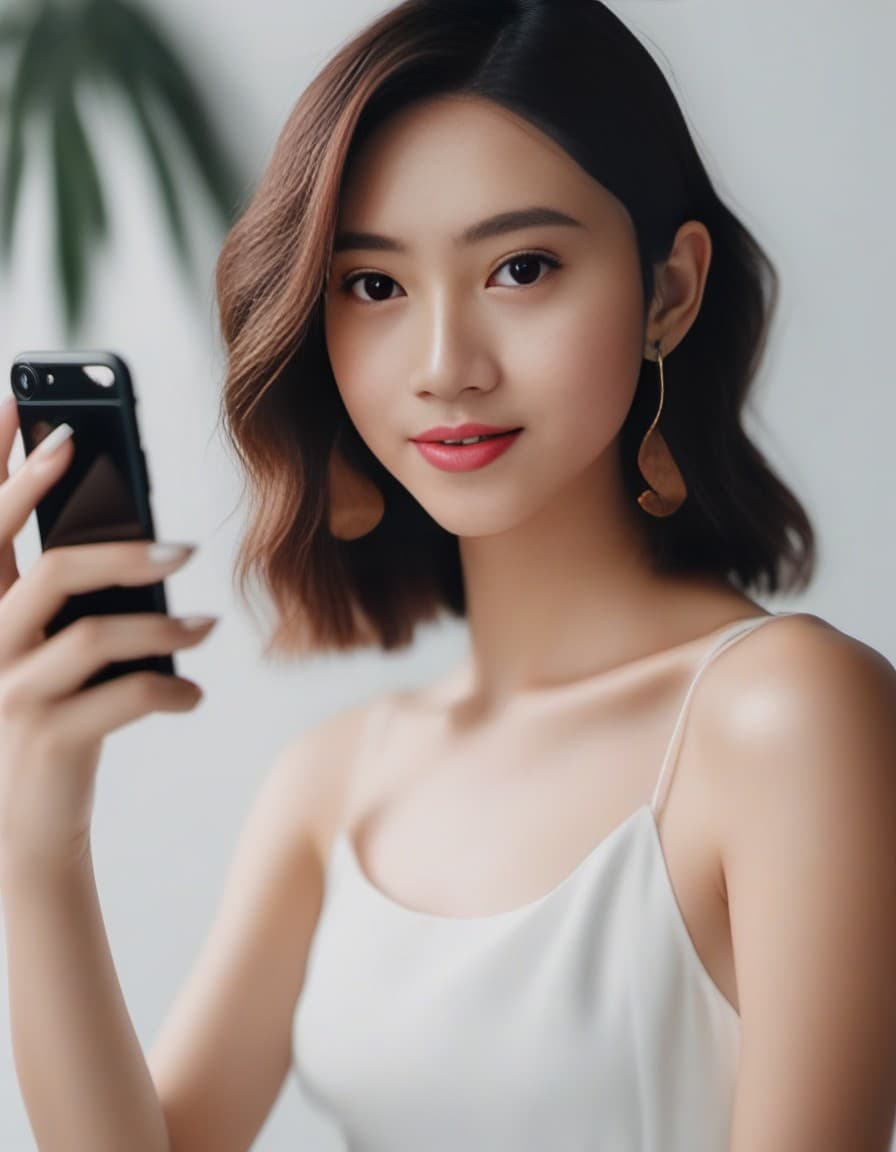 AI generated: nail model poses for a selfie, in the style of social media influencers, webcam photography, Felicia...