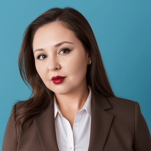 AI generated: 40 year old woman, brown long hair, business jacket, HR, chubby, lipstick, photo studio with blue ba...