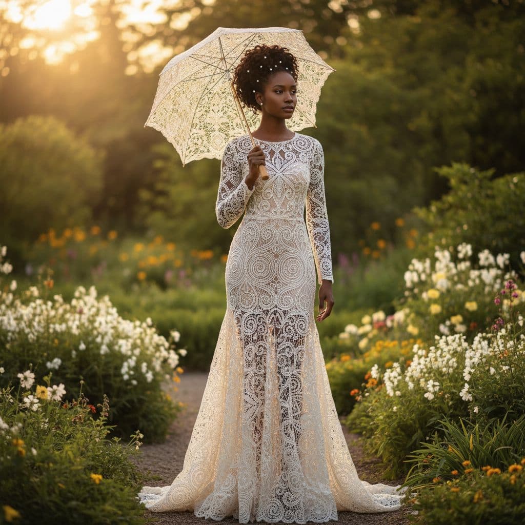 AI generated: A centered full-body African lady in a needle lace dress.
