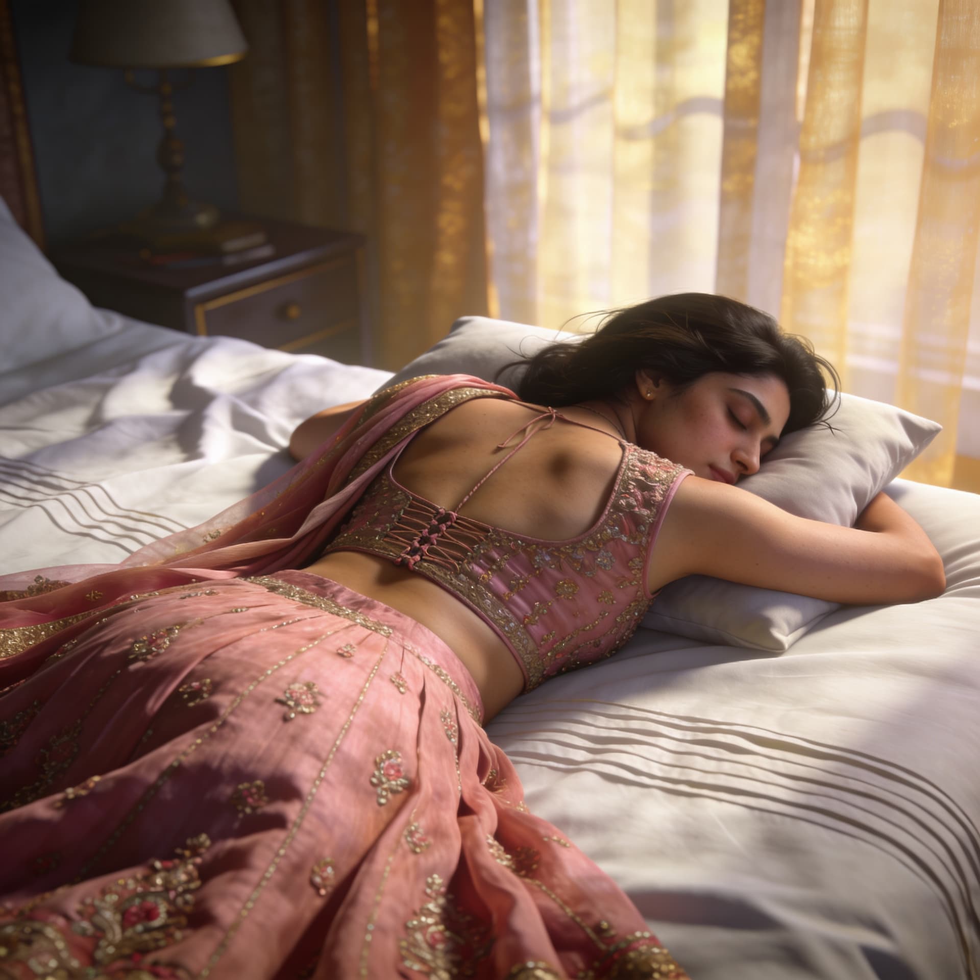 AI generated: Create a High Ultra Realistic picture as this Pakistani blogger Tehreem is lying sleeping face down ...