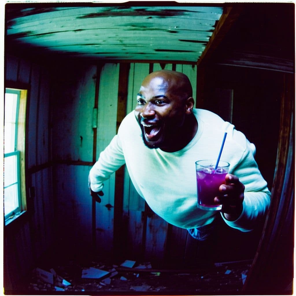 AI generated: grainy 80's photograph quality polaroid of big fat planet-sized bald elated black man floating extre...