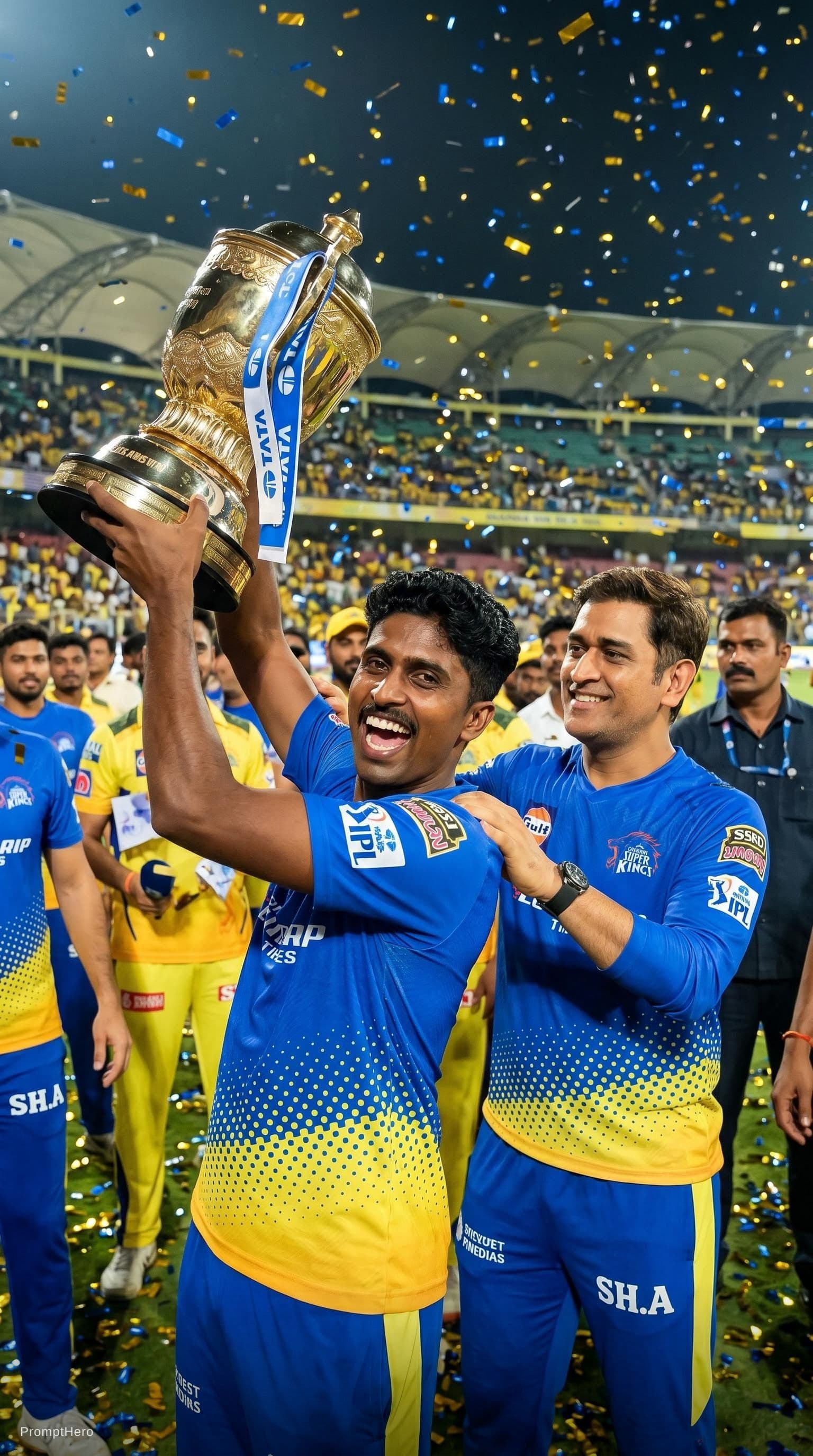 AI generated: Lifting trophy with msd csk seme outfit 