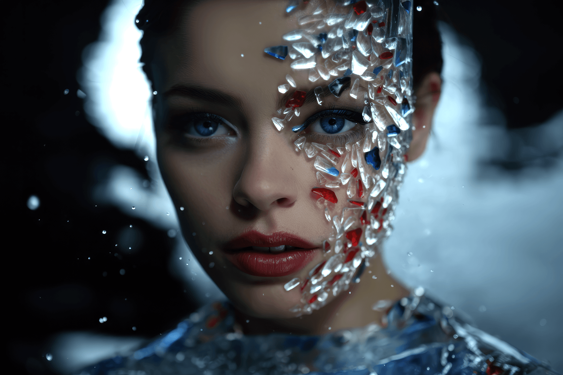 AI generated: a woman holding an ice cube, in the style of dark sky-blue and light crimson, splattered/dripped, sh...