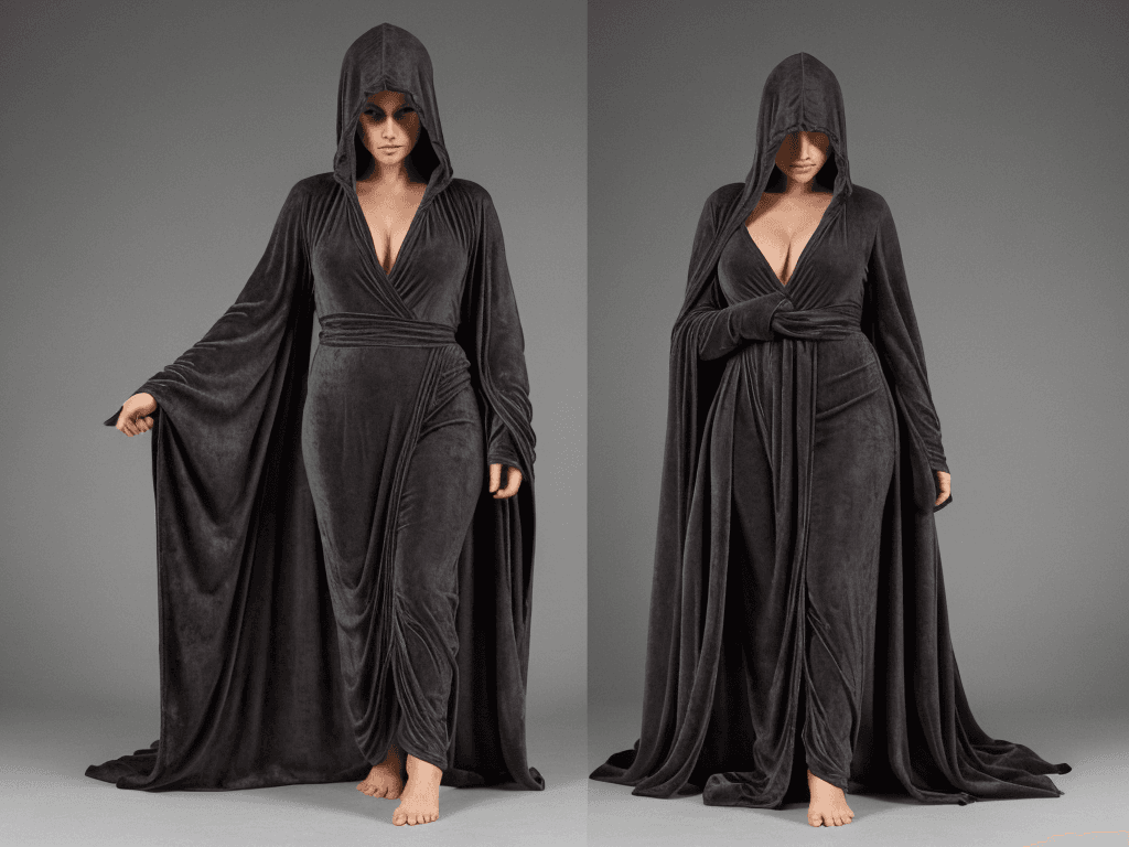 AI generated: A figure is wearing a long, flowing dark robe made of a luxurious, velvety material. The robe has in...