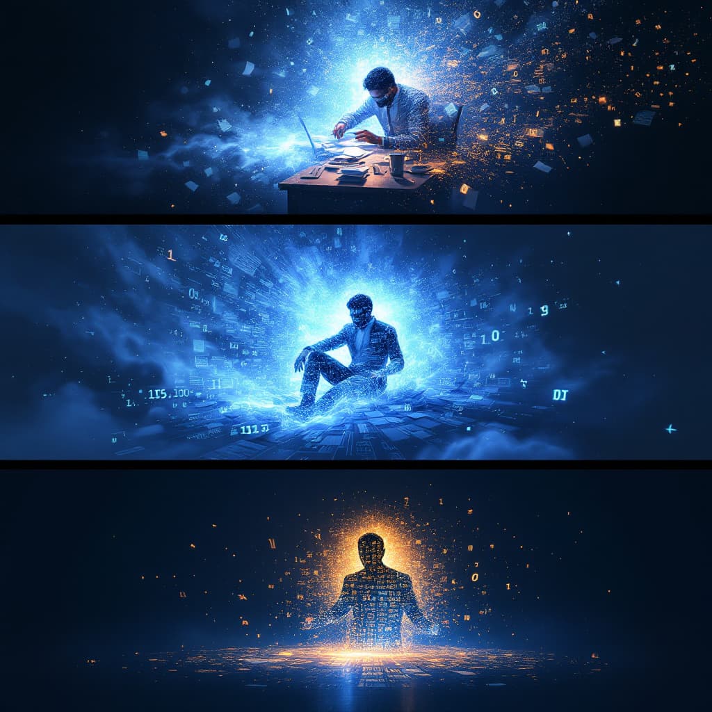 AI generated: Metamorphosis of a weary Indian accountant: 4-panel transition sequence, begins with traditional des...