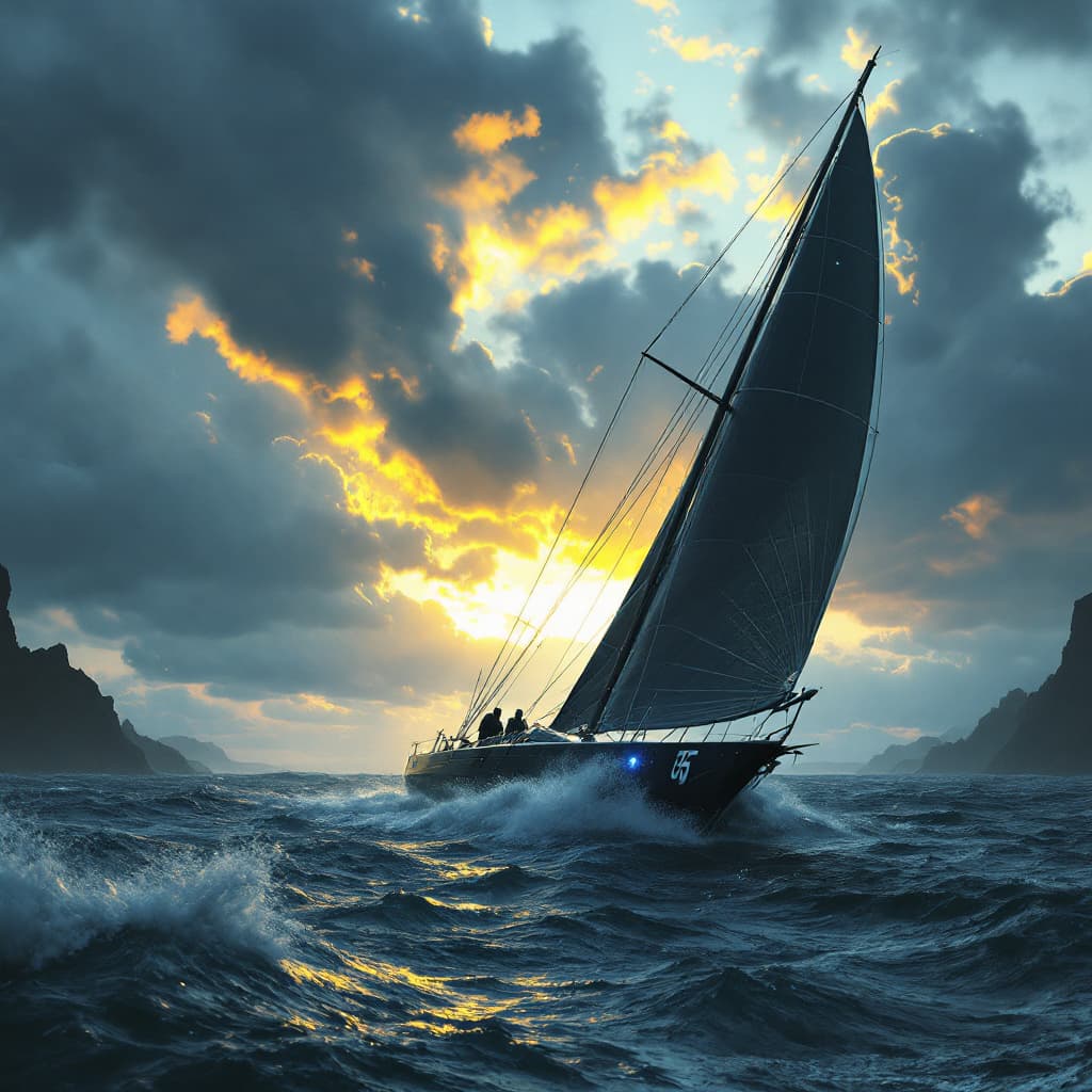 AI generated: Psychedelic, surreal, different. Photo of a ultra-realistic racing  yacht from 2045, stormy seas, le...