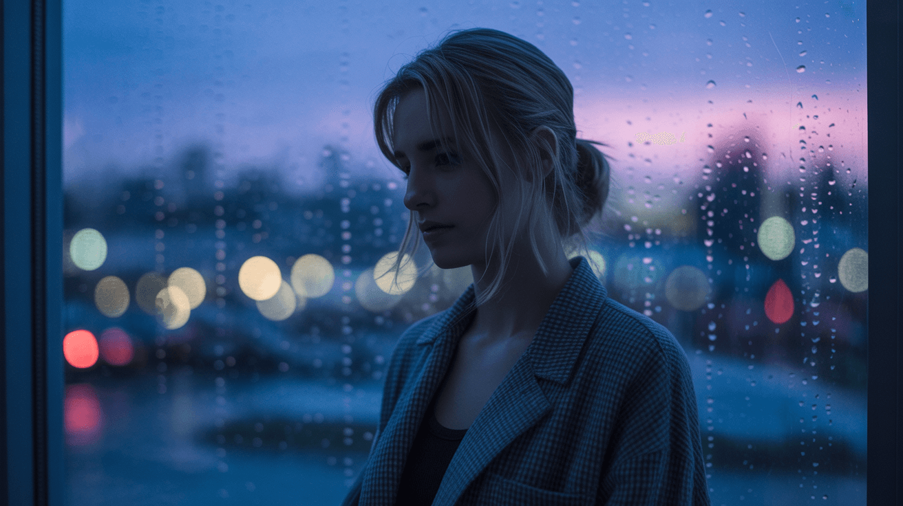 AI generated: Moody atmospheric background, dim lighting, soft grain texture, blue and purple tones, emotional vib...