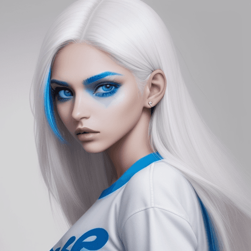 AI generated: MUJER DE OJOS MARRONES CLAROS, PIEL BLANCA, CABELLO LILA, ROPA DE HEROINA SEXI, ROPA COLOR AZUL