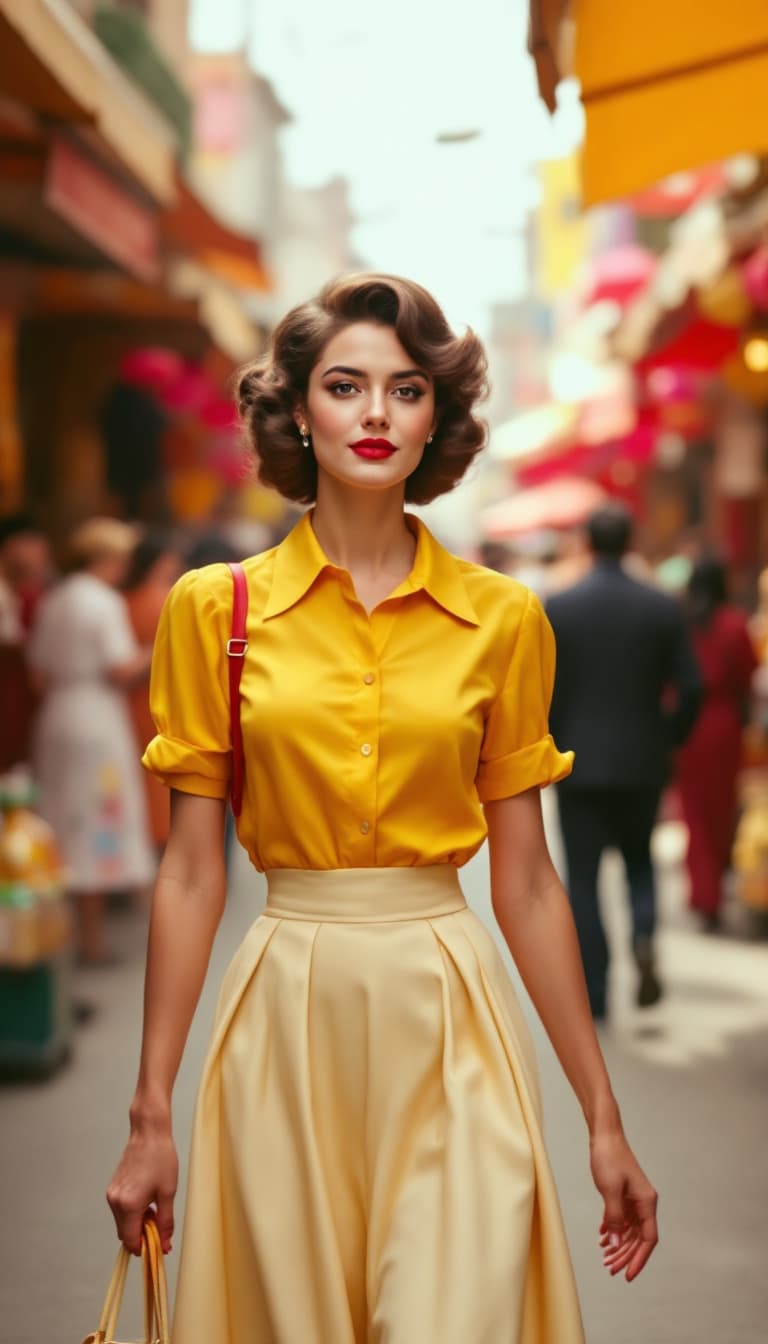 AI generated: A woman in a midi skirt and stylish blouse, with bright colors like red and yellow, her hair styled ...