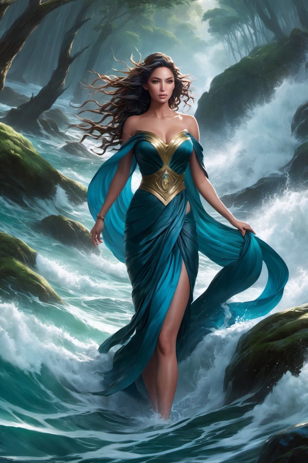 AI generated: fully clothed powerful goddess of water clothed in swirling water striding through a stormy sea, hig...