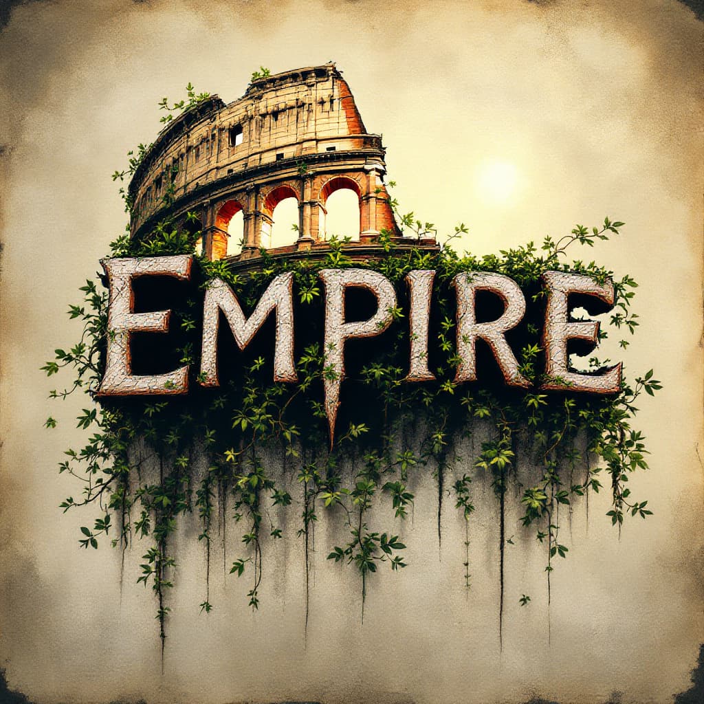 AI generated: 9.	"Empire" in Roman stone script, with vines crawling over a crumbling Colosseum in the background
