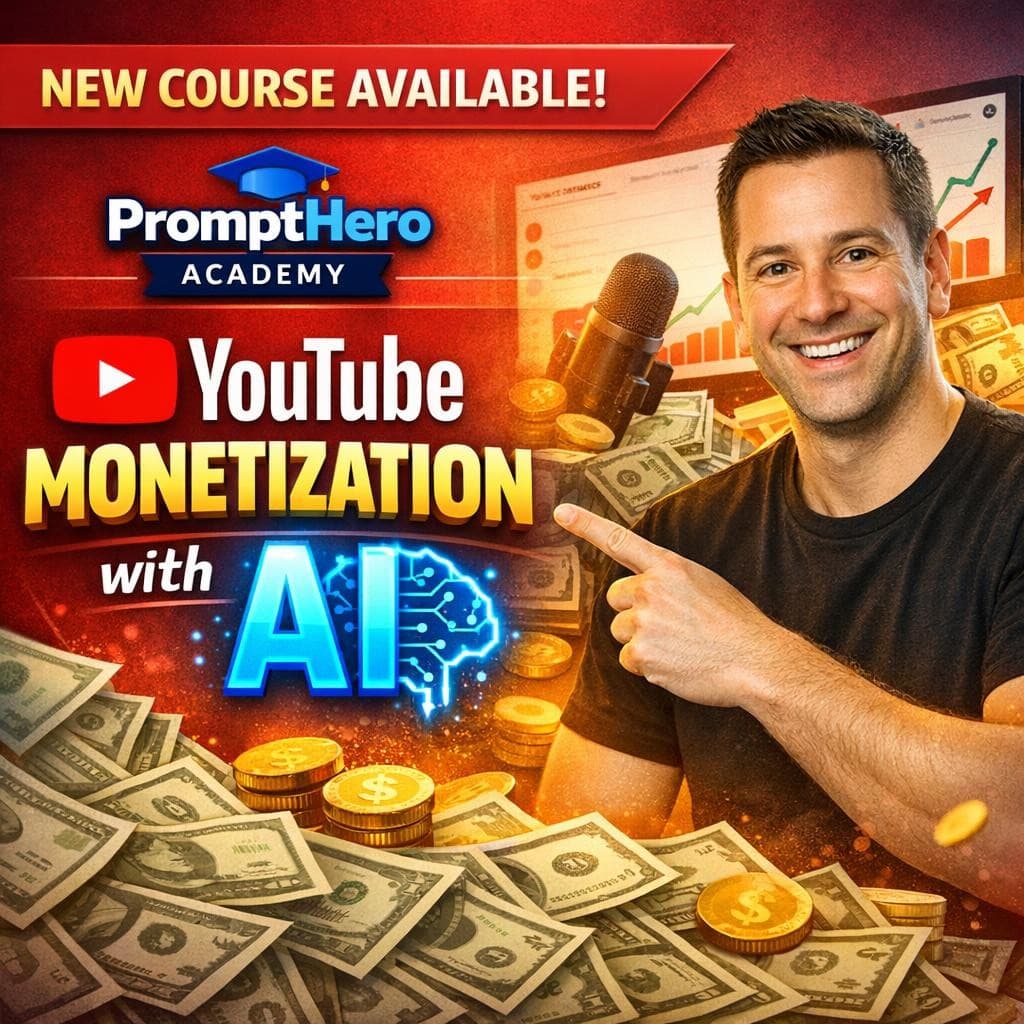 AI generated: Create a thumbnail: New PromptHero course now available in the Academy: YouTube Monetization with AI...