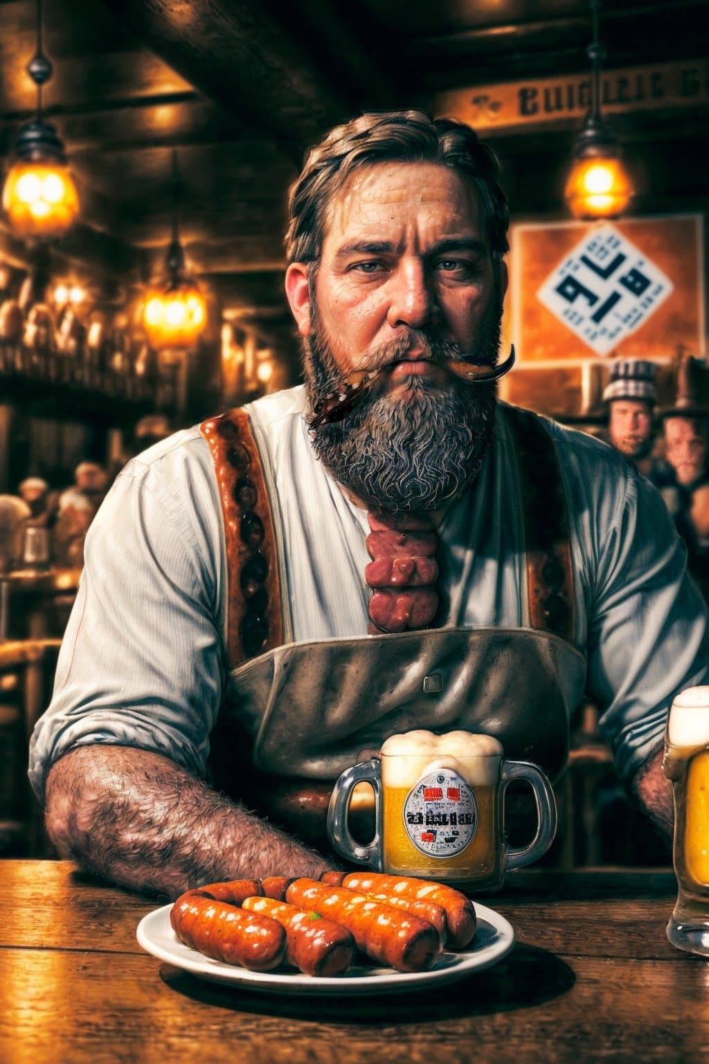 AI generated: (A bearded farmer is sitting in a German bar:1.3), (eating Bavarian sausages:1.3), (a large plate of...