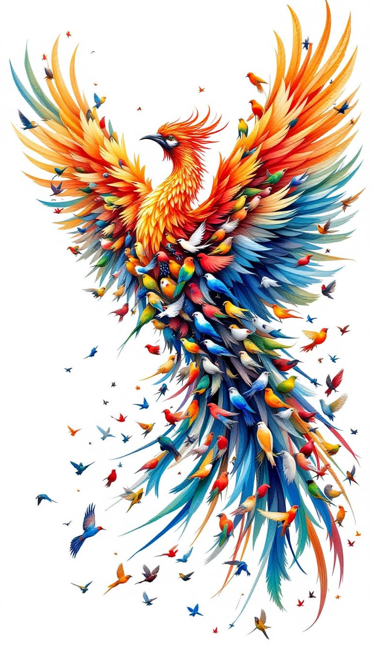 AI generated: A majestic phoenix-like bird with the head of a Hoopoe, composed entirely of 30 various smaller bird...