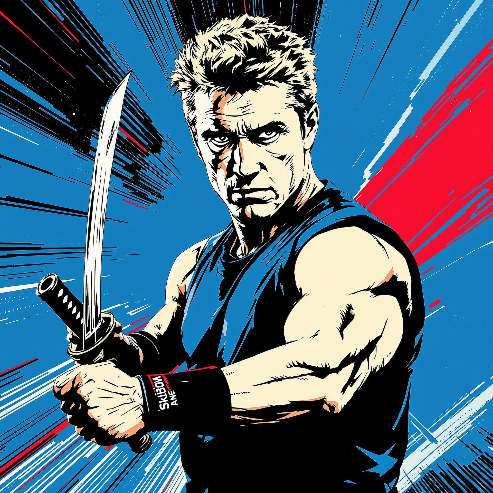 AI generated: Create a stylized, iconic portrait of Michael Dudikoff from American Ninja. The artwork should be in...