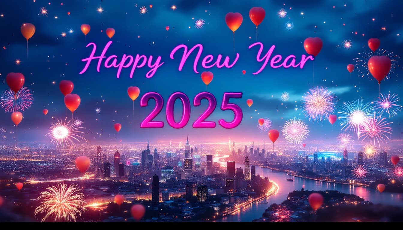 AI generated: Magic balloons,fireworks,city ,4K,flime feel , written "Happy New Year 2025" written accurately.