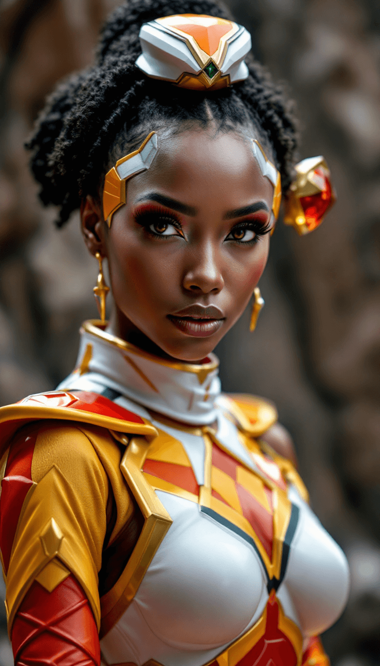 AI generated: Photo of a ultra realistic female African power ranger posed symmetrically ready for battle, in afri...