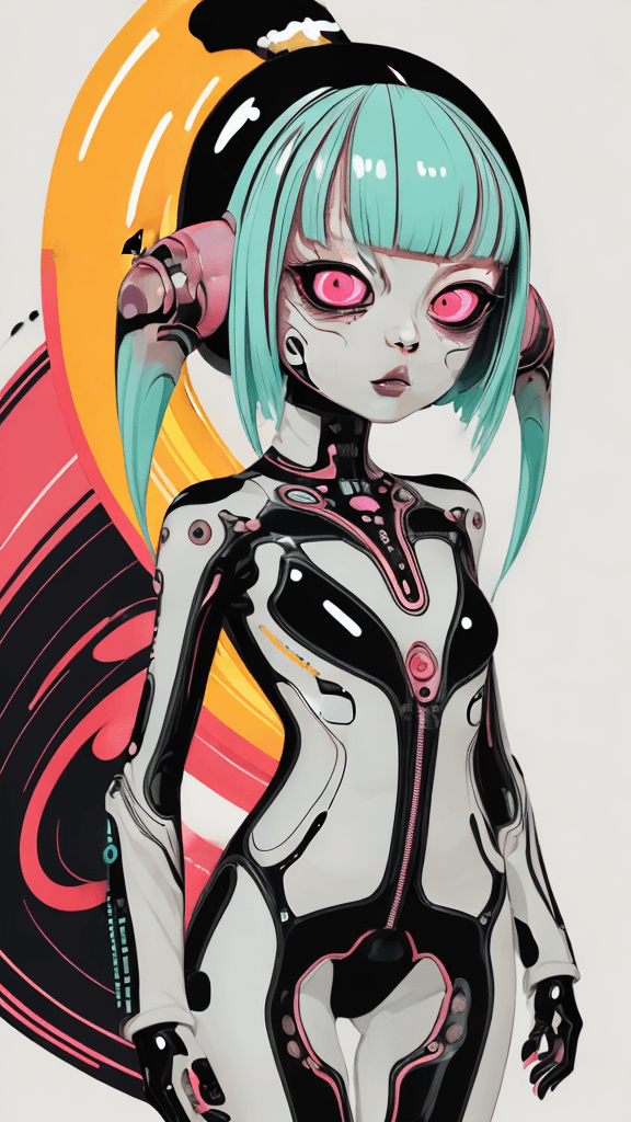 AI generated: in a neutral background portrait of little (alien female):1.1, Prominent eyes, funky background, ill...
