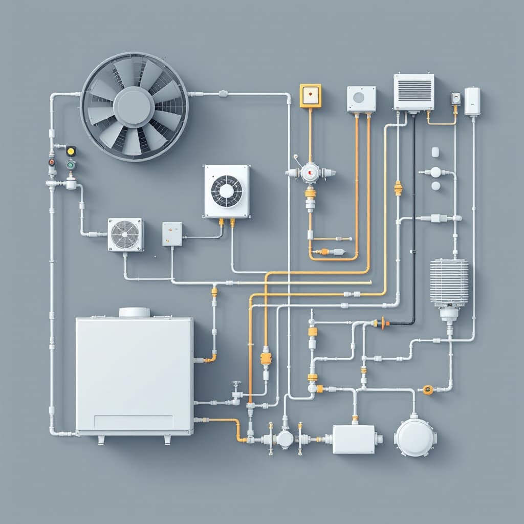AI generated: HVAC system components (fan, heater, damper, sensor, valve), flat 2D schematic style for SCADA inter...