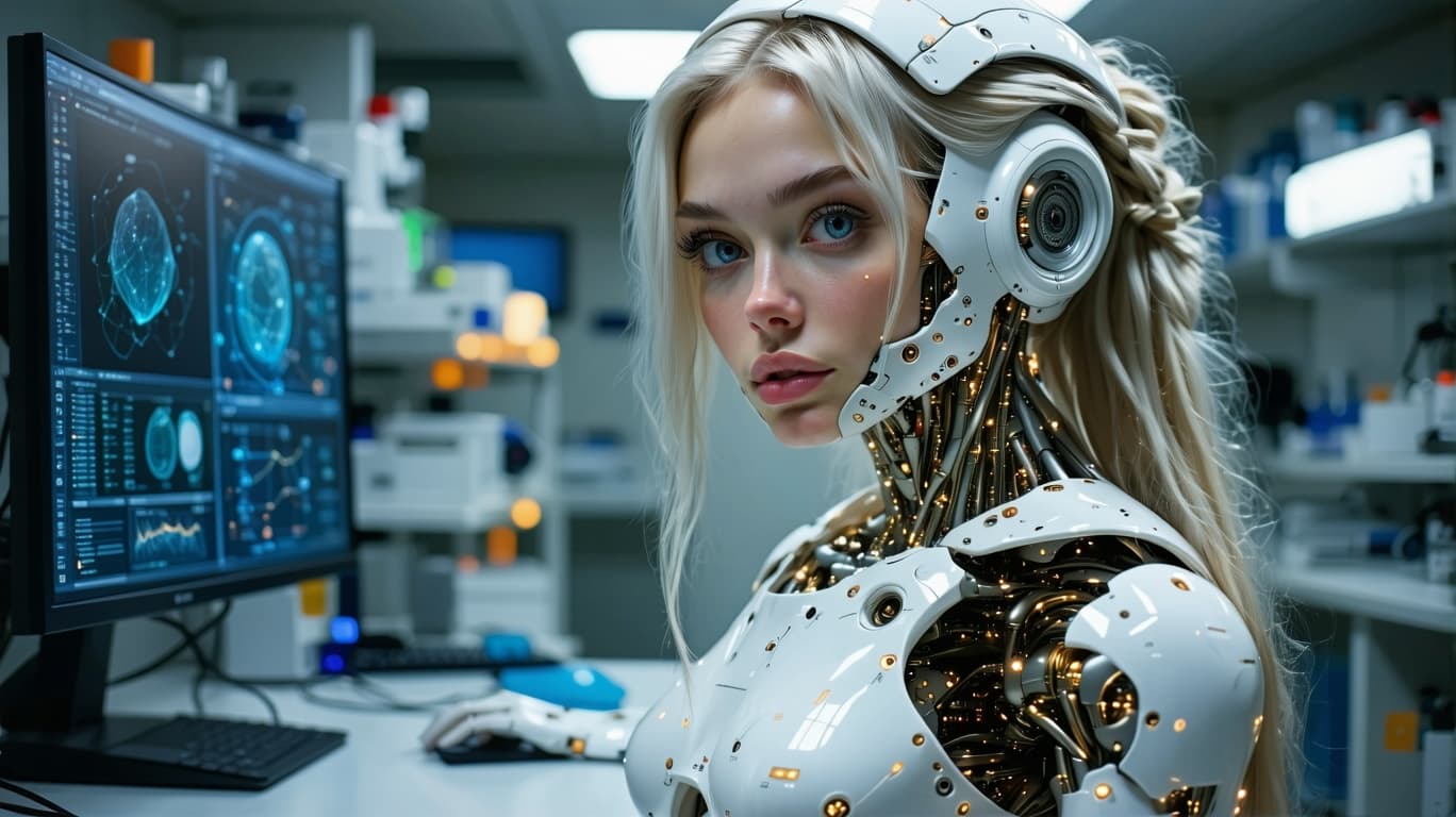 AI generated: exceptionally beautiful blonde hair blue eyed tween , artificial intelligence robot, (futuristic),(m...