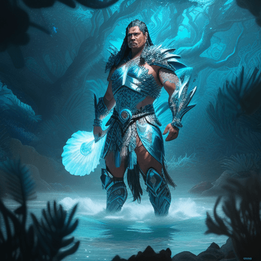 AI generated: Guardian of the Sea and dmt armored, Maori Man with iridescent, shell-like pauldrons, standing tall ...