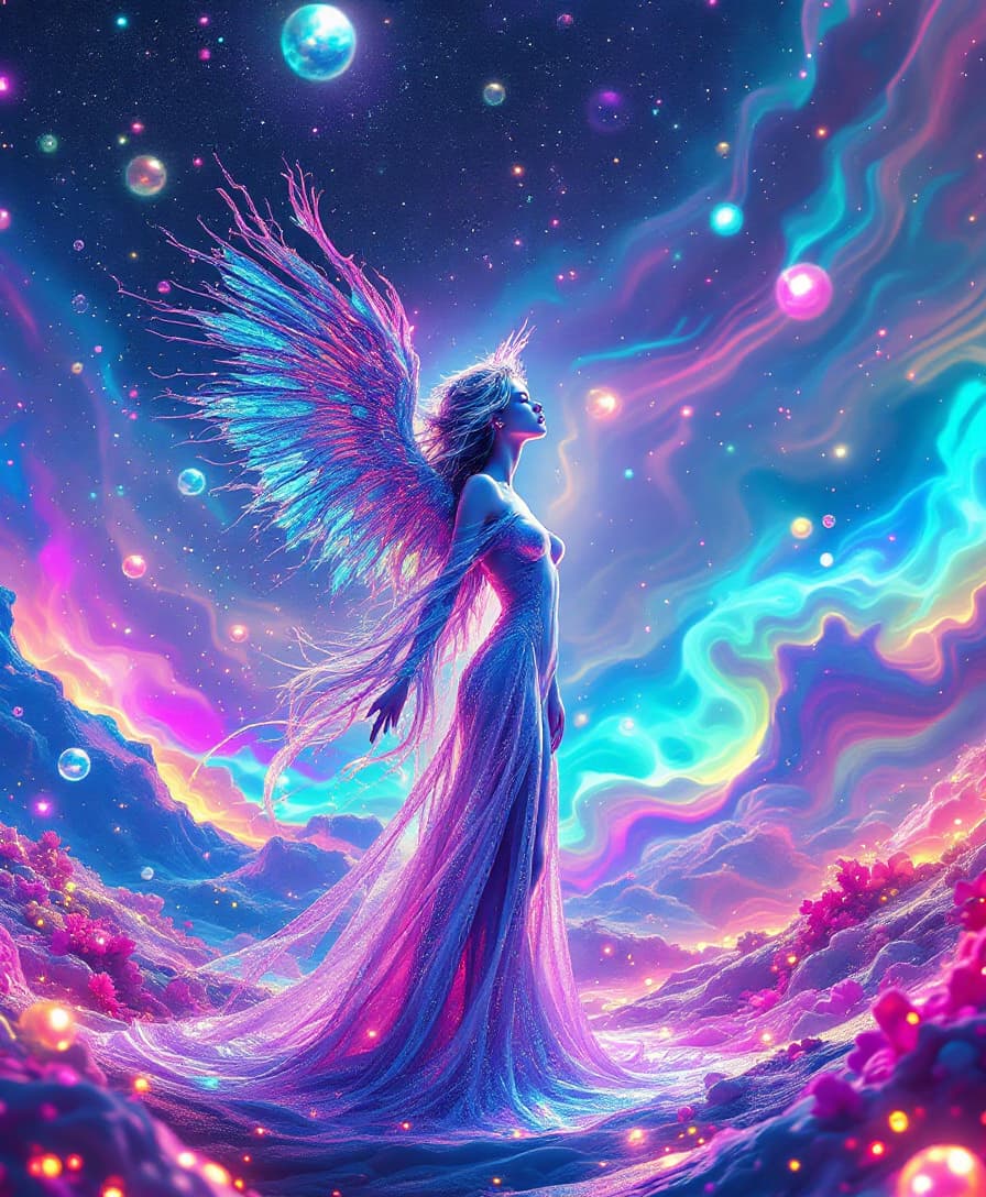 AI generated: Beautiful heavenly woman hyper-realistic image of a psychedelic 8k background , cinematic compositio...