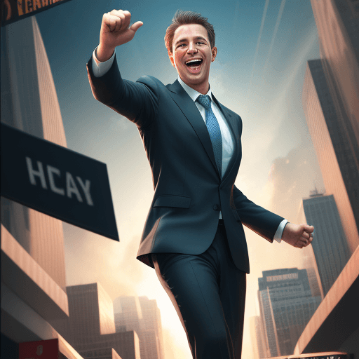 AI generated: cheerful business man celebrating success, with a lot of detail, high quality image, cinematic, hype...