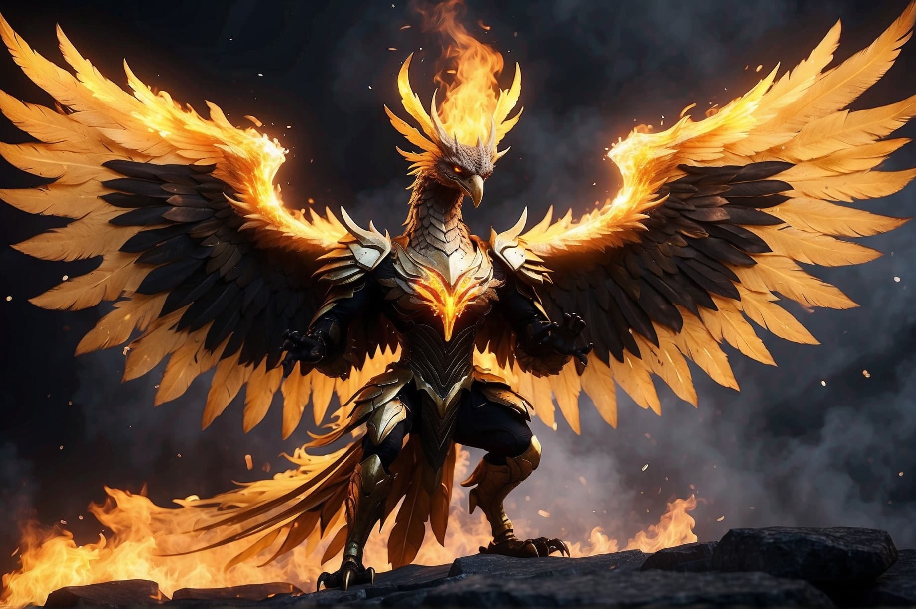 AI generated: Black and gold burning big flames Fenix with Burning wings facing the camera Avatar

