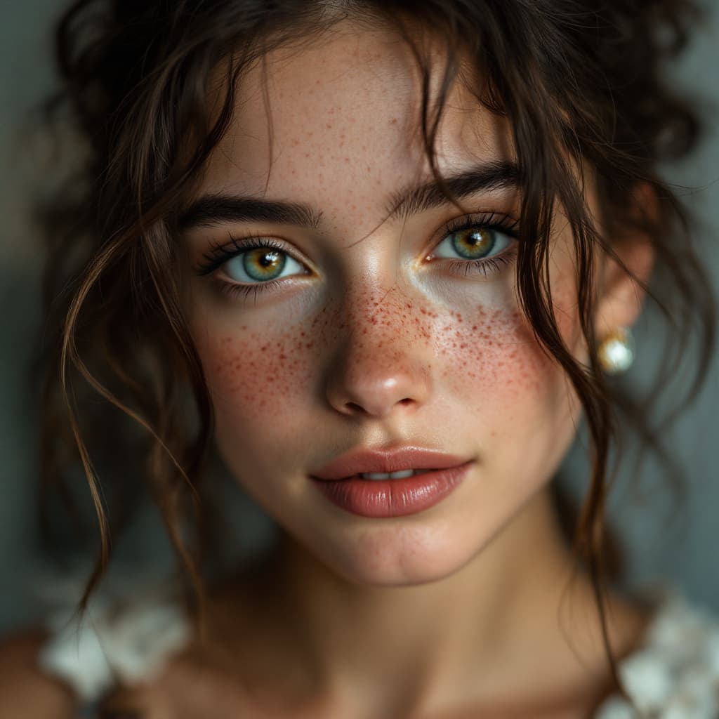 AI generated: ''A stunning beautiful portrait of AI Influencer young 20 year old women ((smiling:1.1)) with freckl...